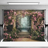 Aperturee Aperturee Secret Garden Gate Photography Backdrop Pink Climbing Roses and Enchanted Forest Fairytale Wedding Photo Prop